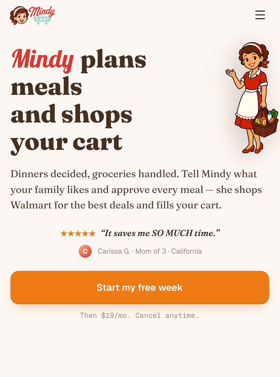 MindyCart — hire your personal AI meal-planning and shopping assistant, Mindy.